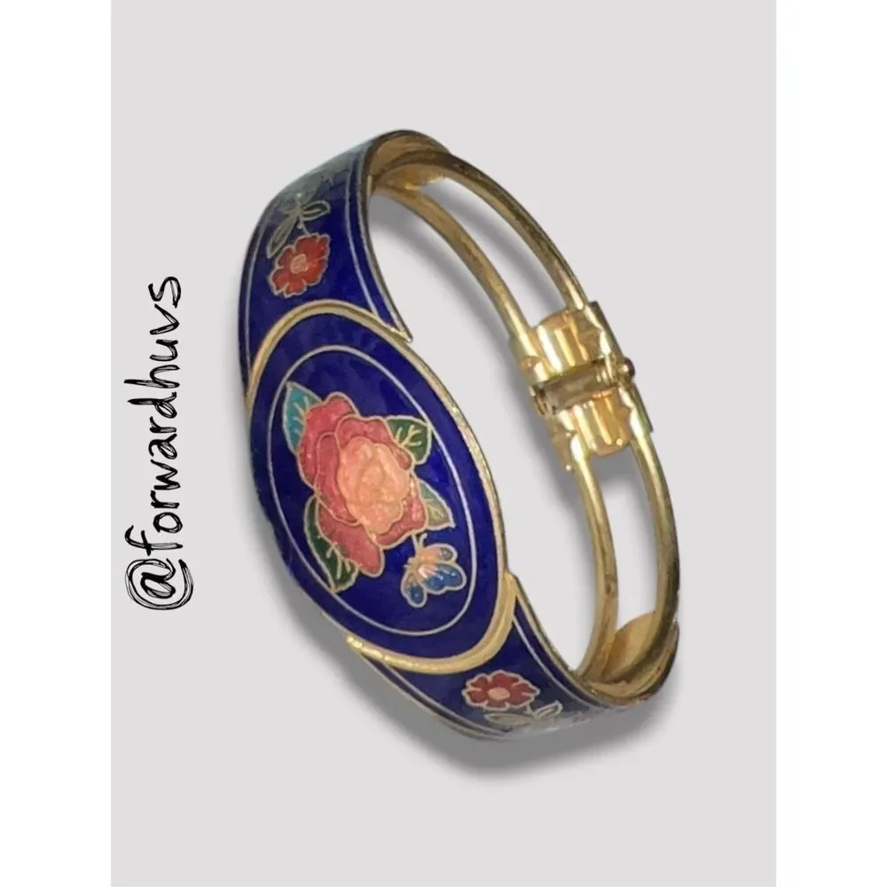 Vintage Cloisonné Clamper Flower & Butterfly Enamel Bracelet
